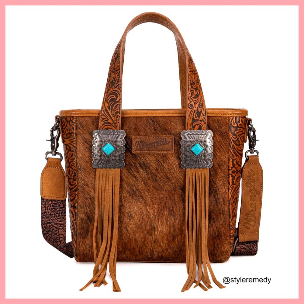 Genuine Hair-on Cowhide Tote Bag with Turquoise Stone Concho
